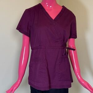 Koi Plum Mock Wrap Scrub Top | Large | Side Tie